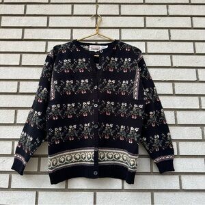 Vintage The Import Workshop Wool Blend Intarsia Knit Cardigan Sweater Black